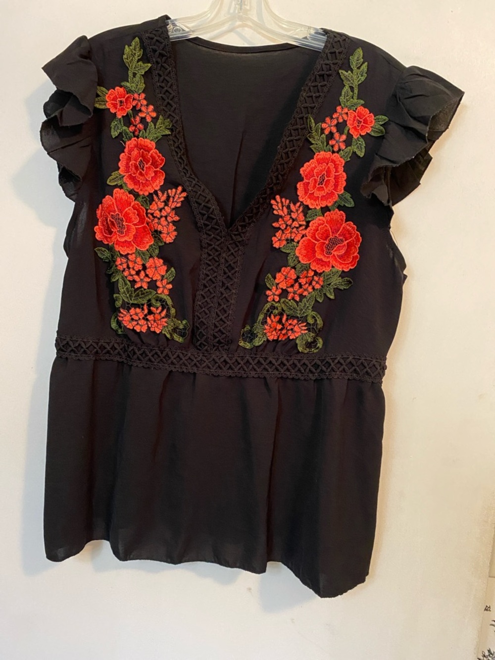 SHEIN Black V-Neck Top with Red Floral Embroidery